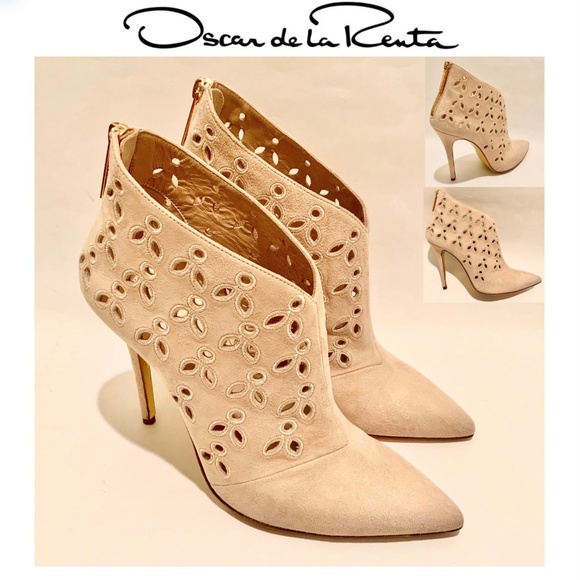 Oscar de la Renta Nude Elkin lasercut heeled booties Suede Eyelet Trim Boots 37 - Picture 1 of 16